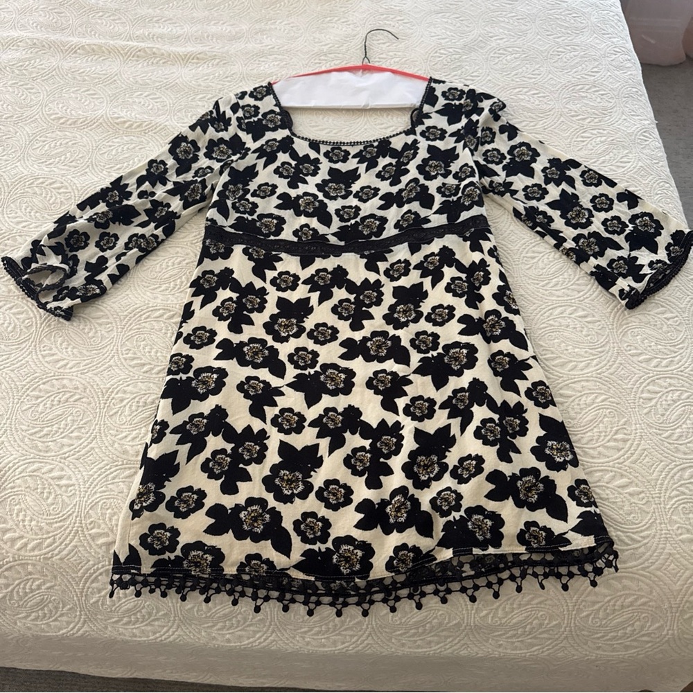 Free People Black and Cream Floral Mini Dress-Size 0.